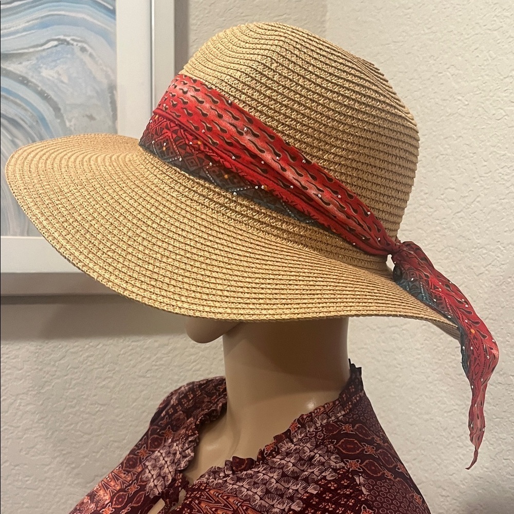NWOT Stylish Adrienne Vittadini Tan Sun Hat with Red Scarf Accent